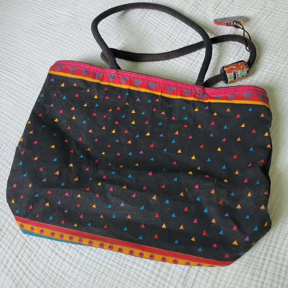 Vintage Y2K Laurel Burch Tote Bag Cats Bright Sequins Beaded 90s Artsy Colorful